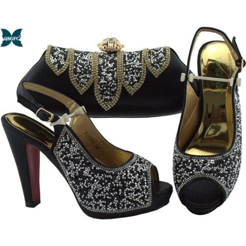 Latest African Black Ladies Shoe and Bag Italian design In Women High Heel Shoe and Bag Set for Party Women Wedding Pump Shoe