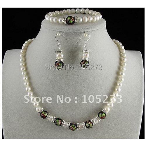 Stunning!pearl jewelry set AA6-7mm white Genuine freshwater pearl &black cloisonne necklace bracelet earring free shipping A2419