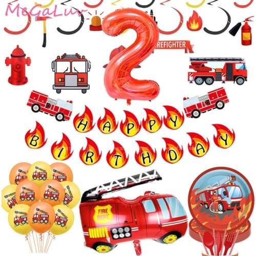Fire Truck Birthday Party Decoration Banner Ballons Tableware Fireman Firefighter Baby Shower 2th3th 4th Birthday Party Supplies
