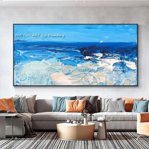 Hand Blue Sea View White Art Abstract Painting Oil Painting on Wall Art Poster for The Living Room Family Painting Wall Painting