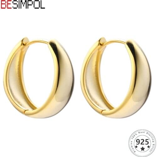 Besimpol High Quality 925 Sterling Silver Gold Hoop Earrings 20mm Size Minimalist Geometric Circle Earrings Wedding Fine Jewelry