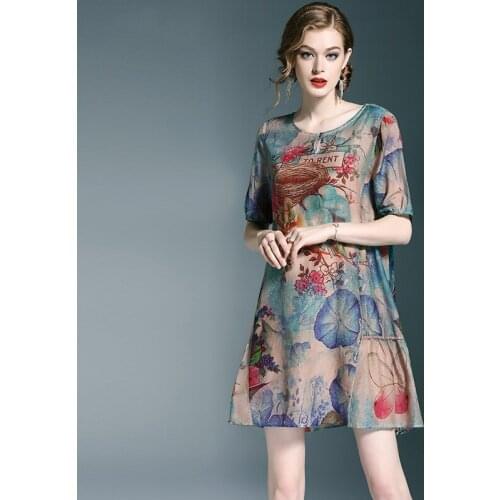 Holiday style fresh chiffon silk cotton printed dress loose large size thin a-line skirt women