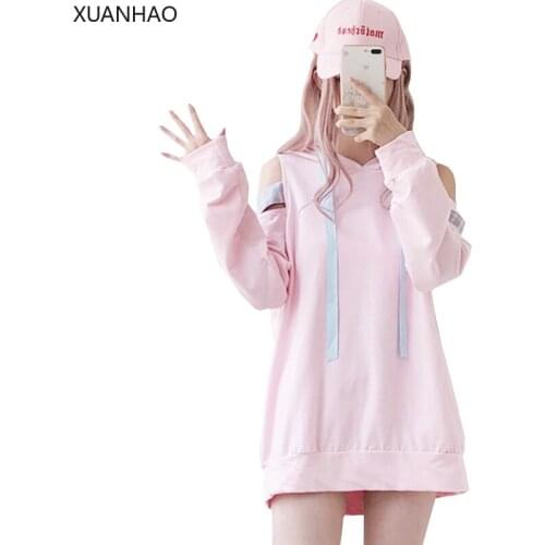 XUANHAO Pink Hooded Sweatshirt Women Off Shoulder Foodies Chic Tie Bow Sweatshirts Sweet Autumn Winter Loose Women Pullovers
