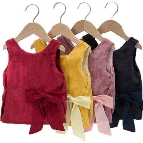 Spring and Autumn Girls' Vest Corduroy Fabric Solid Color Bowknot Decoration Fashion Childrens Waistcoat For 3-6 Years Old