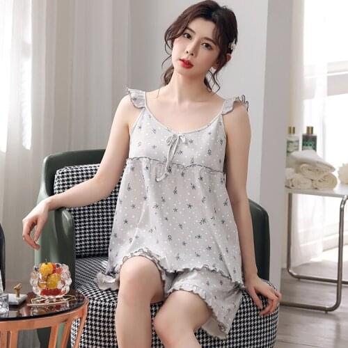 Women Camisole Short Sexy Pajamas Sling and Shorts Set New Summer Home Furnishing Clothing Full Pure Cotton Nightwear Suit 3XL