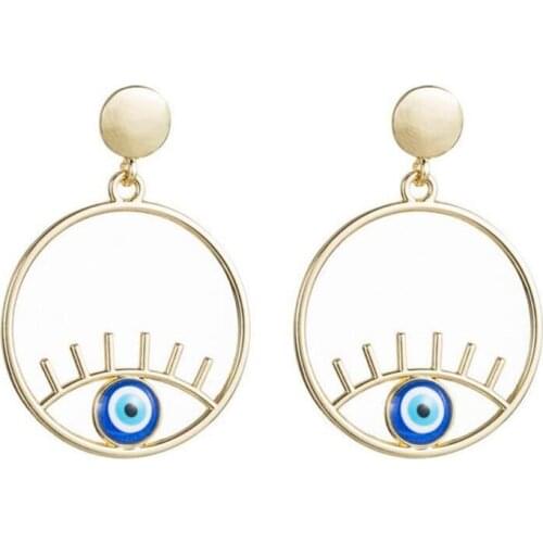 Blue eye evil eye protection charm round hoop gold pendant dangle earring for women