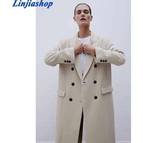 Winter Trench Women Elegant Simple Solid Color Long Overcoat Female British Style Double Breasted Pocket Decoration Long Coat