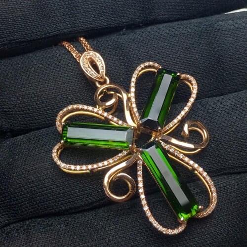 Fine Jewelry Real 18 K 100% Natural Green Tourmaline 9.6ct Brazil Origin Diamonds Gemstone Diamond Womens Pendants Necklaces