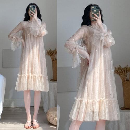 2021 Long Sleeve Dress Women Elegant Mesh Patchwork Chic Sequins Sweet Knee-Length Dresses Kawaii Birthday Party L-4XL Y495