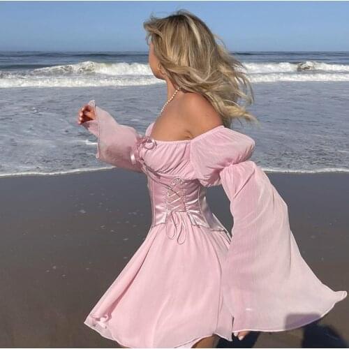 Pink Chiffon Corset Dresses Women French Style Long Sleeve Boho Dress Ladies Slash Neck Elegant Beach Dress Robe Femme Dropship
