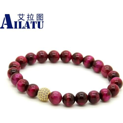 Ailatu Hot Sale 8mm A Grade Rose Tiger Eye Stone Beads with 9mm Micro Paved Ball Beaded Premium Bracelet