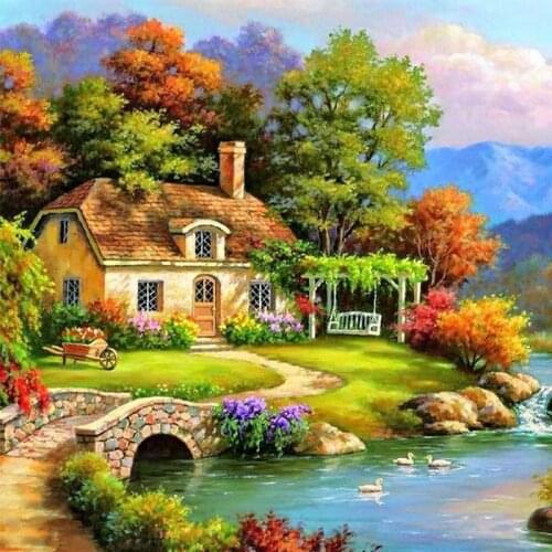 Countryside Lakeside Wooden House Boat Diamond Painting Scenic Round Full Drill DIY Mosaic Embroidery 5D Cross Stitch Landscape