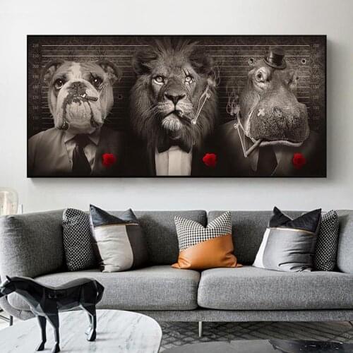 Black Wild Lion in a Suit Canvas Art Posters And Prints Abstract Lion Smoking a Cigar Canvas Paintings On the Wall Art Pictures
