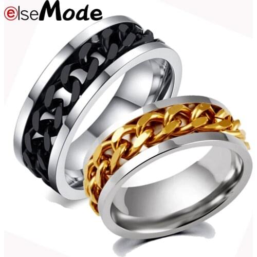 ELSEMODE Rotable Punk Rock Men Ring Stainless Steel Gold Black Chain Spinner Rings For Women Jewelry 3 Color USA Size 6-11