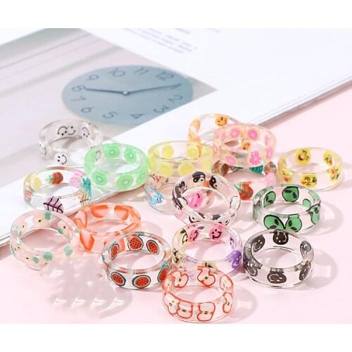 Cute Geometric Round Transparent Colorful Acrylic Resin Smiley Fruit Leaves Alien Yin Yang Finger Ring For Women Party Jewelry