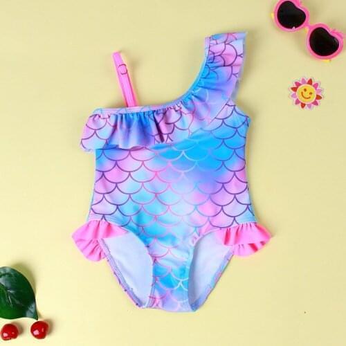 Summer Kids Girl’s Fish Scale Printing Swimwear Girls Sleeveless Off-shoulder Ruffled Neckline Triangle Swimsuits