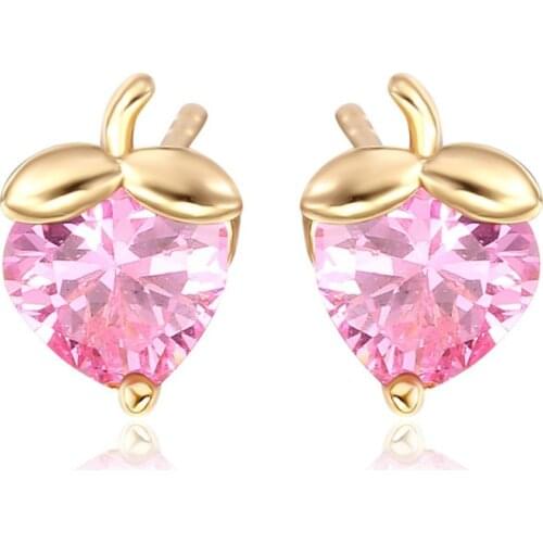 Cute Heart Cut Cubic Zircon Multi Color Strawberry Small Stud Earrings for Kids Girls Children Anti-Allergic Gold Color Jewelry