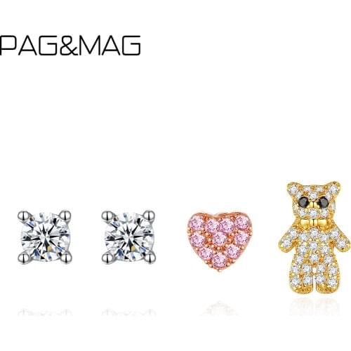 PAG&MAG 925 Sterling Silver Stackable CZ Earrings Set For Women Girls Statement Wedding Stud Earrings Fine Jewelry SE-477