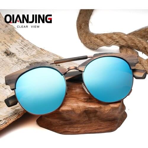 QianJing Retro Wood Sunglasses Men Bamboo Sunglass Women Brand Design Sport Goggles Gold Mirror Sun Glasses Shades lunette oculo