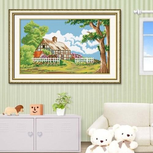 Romantic Story Village House Garden Paintings Counted DIY Cross Stitch Cotton Fabric Embroidery DMC Cross Stitch Kits Needlework