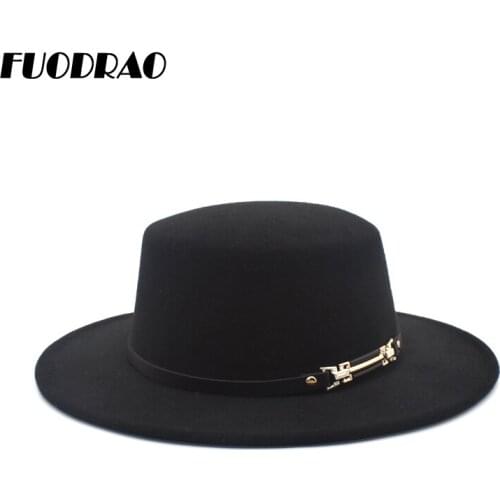 FUODRAO 2020 Winter Autumn Imitation Woolen Fedora Hats Women Black Flat Top Bowler Hats Vintage Cowboy Hat Men Jazz Cap P9