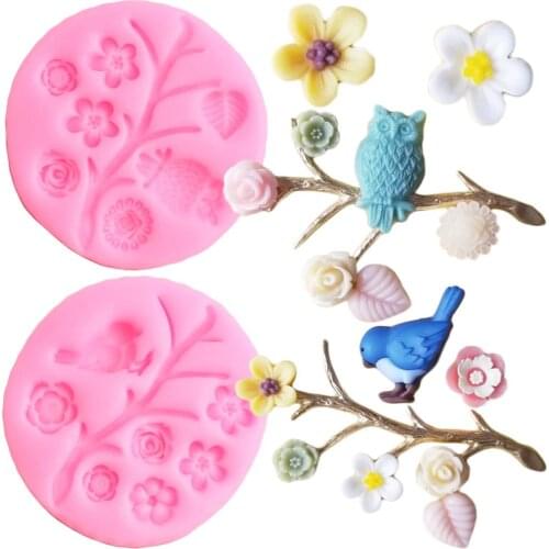 Tree Branch Flower Leaf Border Silicone Mold Rose Birds Owl Chocolate Candy Mould Baby Birthday Fondant Cake Decorating Tools