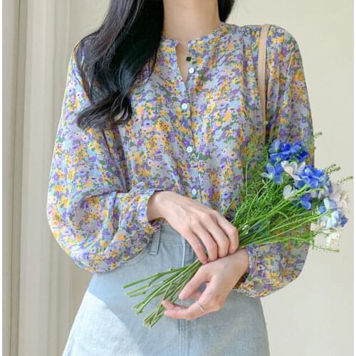 Womens Spring Autumn Chiffon Blouses Shirt Elegant Button V-Neck Printed Long Sleeve Casual Tops