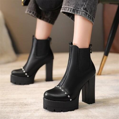 Women Platform Chunky Heeled Bootie Women Shoes Autumn Winter Ankle Boots Fashion Round Toe Lace-up High Heel Sexy Ladies Shoes
