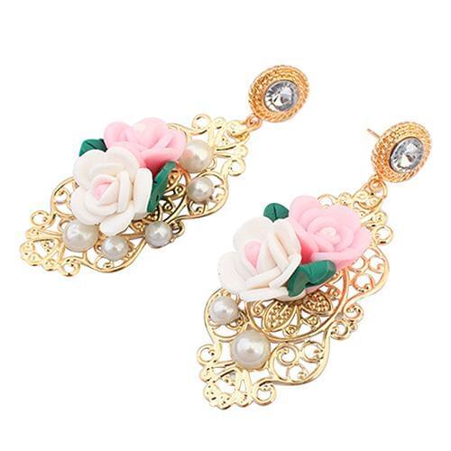 Lady Elegant Rose Faux Pearl Rhinestone Hollow Earring dangle Eardrop Jewelry Gift hot