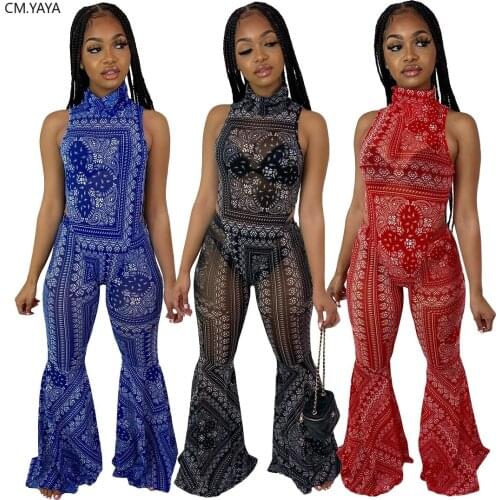 CM.YAYA Sexy Party Bandanna Print Women Two Piece Set Bodysuit Flare Pants Suit Fashion Tracksuit Fitness Outfit Matching Set