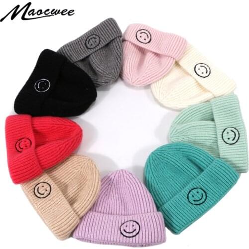 Beanie Hat Unisex Smile Face Pattern Winter Skullies Beanies Knitted Short Melon Cap Solid Color Skull Hat Outdoor Baggy Ski Hat