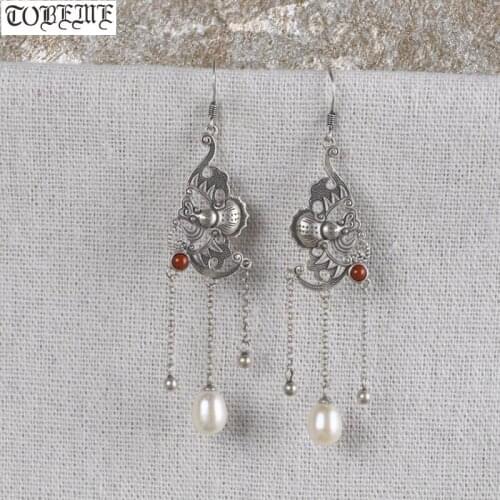 100% 925 Silver Gourd Earrings 925 Sterling Good Luck Women Earrings Pearl Earrings