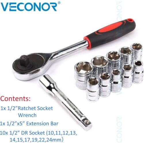 12Pcs Socket Wrench Tools Set 1/2" Square Drive Ratchet Torque Wrench with 10 Sockets Extension Rod Drive for Car Repairing