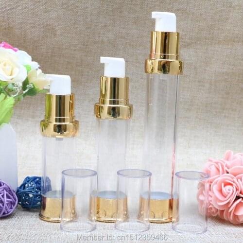 15ML 20ML 30ML Golden Airless Bottle with Lotion Pump Clear Cap, Cosmetic Essence Packing Bottle, Vacuum Bottle, 30 Pieces/Lot