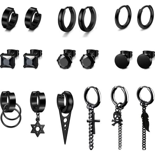 18Pcs Black Huggie Hoop Earrings Stainless steel CZ Stud Earrings Goth Punk Cross Leaf Skull Chain Dangle Earrings for Men Women