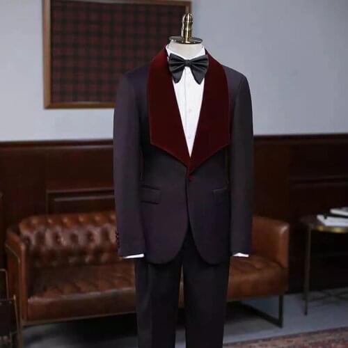 2021 Fashion Latest Coat Pant Designs Mens Black Groom Party Blazer Burgundy Velvet Lapel Slim Fit Wedding Suits For Men Costume