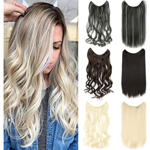 24" Women Invisible Wire No Clips in Hair Extensions Secret Fish Line Extensions Long Straight Wavy Synthetic Hairpiece