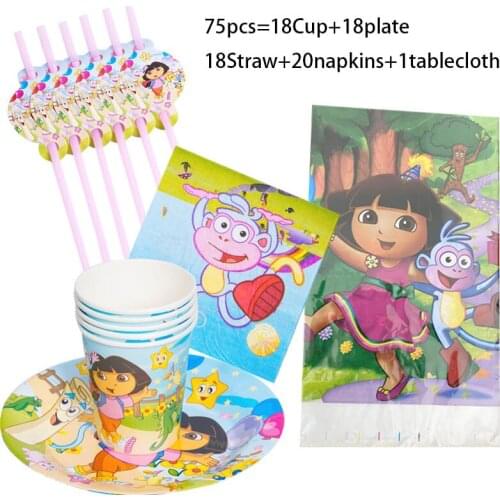 75pcs Baby Shower Supplies Dora the Explorer Birthday Party Supplies Disposable Party Tableware Napkin Plate Tablecloth Banner