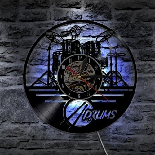 Drums Design Silhouette LED Backlight Modern Light Music Instrument Wall Clock Living Room Decor Lamp Remote Controller