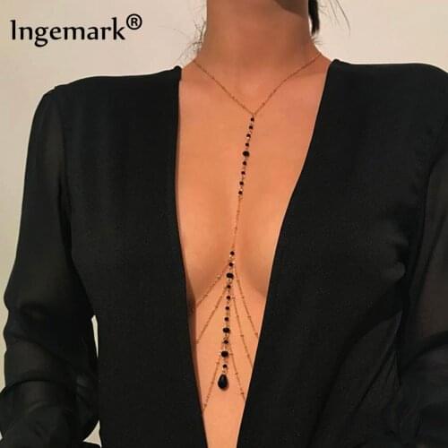 Sexy Multilayer Tassel Bead Belly Waist Chains Beach Bikini Slave Women Black Crystal Pendant Trendy Body Necklace Charm Jewelry