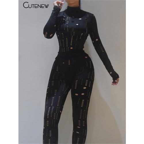 Cutenew Solid Irregular Hole Two Piece Set Women Outfits Sexy Skinny Long Sleeve Bodycon+Leggings Matching Lady Sporty Streetwea