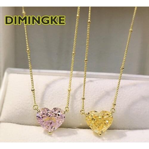 DIMINGKE 2CT 8*8MM Heart-shaped Yellow Pink Diamond Necklace 100%-S925 Sterling Silver Woman Jewelry Wedding Party Birthday Gift