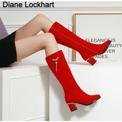 Elegant Knee High Boots Women Shoes Woman Fashion High Heels Winter Party Tassel Boots Black Red Bottine Mujer Large Size 32-43