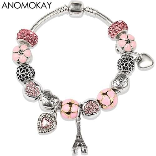 European & American Style Pink Heart Crystal Bead Bracelets Vintage Silver Color Eiffel Tower Love Charm Bracelets & Bangles