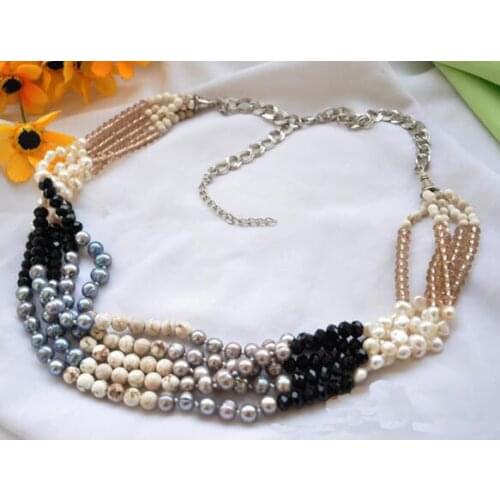 Perfect Handmade Luck Jewellery,5Rows 26-30inches White Black Gray Genuine Pearl Faceted Crystal A-gate Necklace