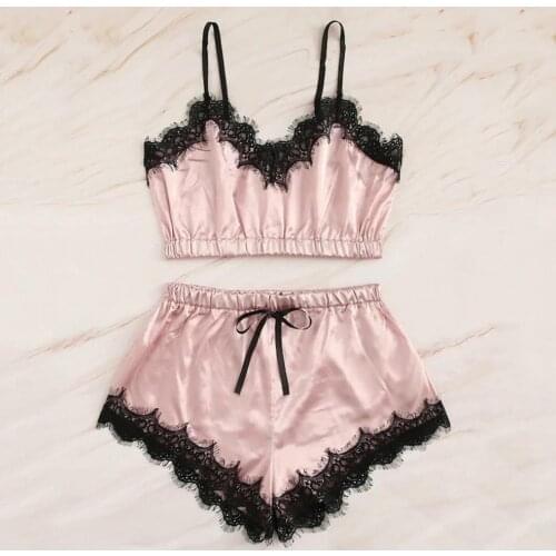 2 Pieces Women Sexy Satin Sleeveless Strap Underwear Lingerie Nightdress Pajamas Solid Lace Set Cami Top Pajama Sets