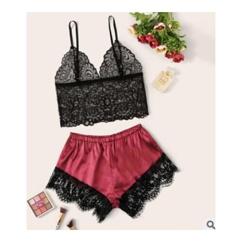 Sexy Silk Satin Lingerie Sexy Female V-Neck Sleeveless Nightwear Women Underwear Lady Pajamas Crop Tops Bra+Shorts 2PCS Set