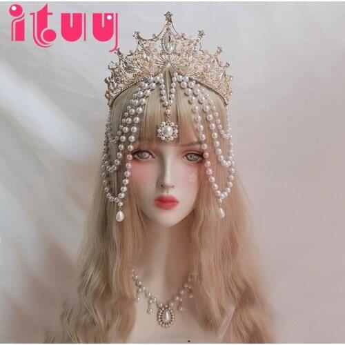 Handmade Lolita Multilayer Pearl Tassels Crown Sun Goddess Virgin Mary Hair Accessory Gorgeous Wedding Princess Bride Headdress