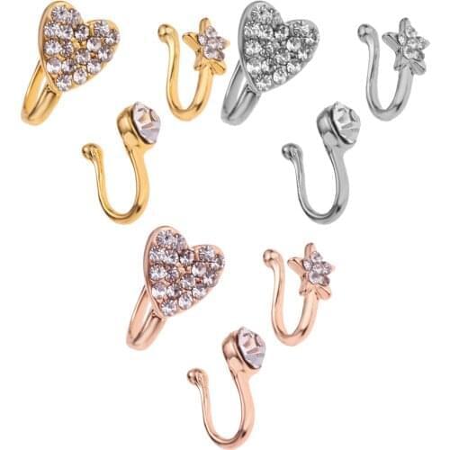 Fashion Heart Star Face Nose Ring Crystal Metal Non Pierceing Ring Clip Magnetic Fake Nose Ring Earrings Body Jewelry for Party