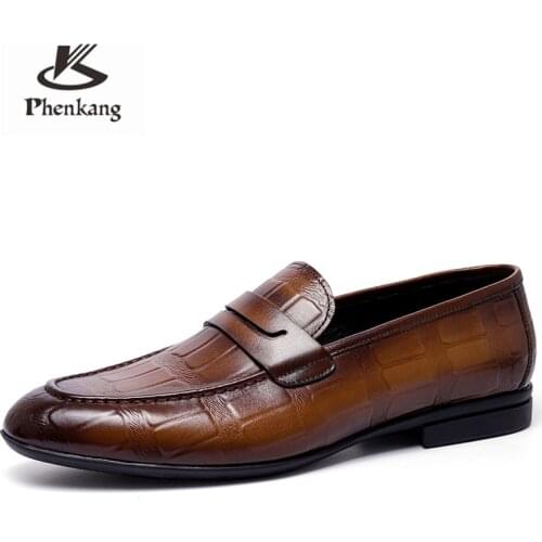 Mens Genuine Leather Silp on Brown Crocodile Pattern Driving Soft Daily Pea Loafer Shoes Summer Black Dress Business Shoes 2021